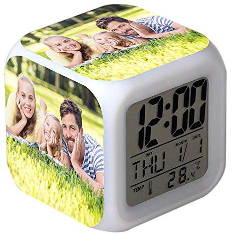 Reloj Despertador Personalizado con Foto, Reloj Despertador Personalizado con Fotos, Reloj Despertador de 7 Colores con Luz Nocturna Reloj con Luz LED Reloj Despertador Digital Reloj Cubo Cabecera
