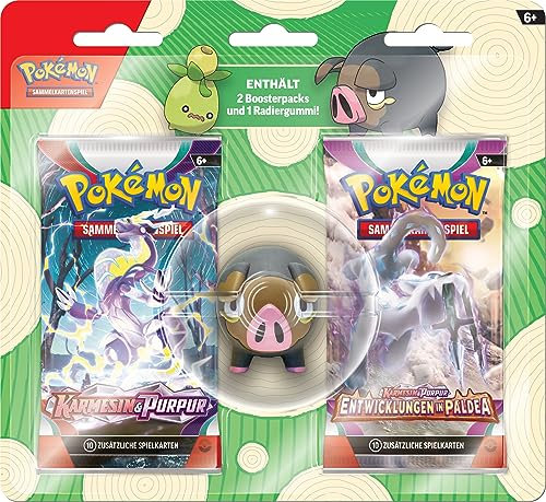 Pokémon-Sammelkartenspiel: Radiergummi-Blister für den Schulanfang – Ferkuli (1 Radiergummi & 2 Boosterpacks)