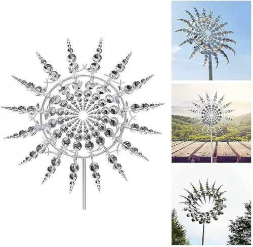 JHzood 3D Unico Mulino a Vento in Metallo, Vento Spinner per il Giardino, Scultura in Silver