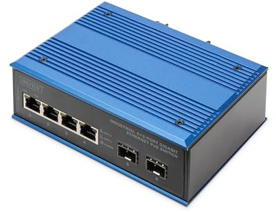 DIGITUS PoE Network switch - 6-port Gigabit Ethernet - 4x RJ45 + 2x SFP - IP40 - 10/100/1000 Mbit/s - DIN rail mounting - Industrial series - black/blue