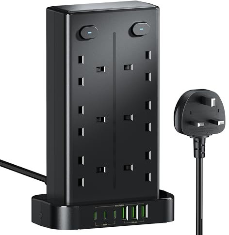 Tower Extension Lead with USB C Slots, 12 Way Multi Plug Socket Extension with 6 USB Ports, Overload Protected Extension Lead with 4 Switch Tower Extension Cable 1.8m for Home Kitchen Office