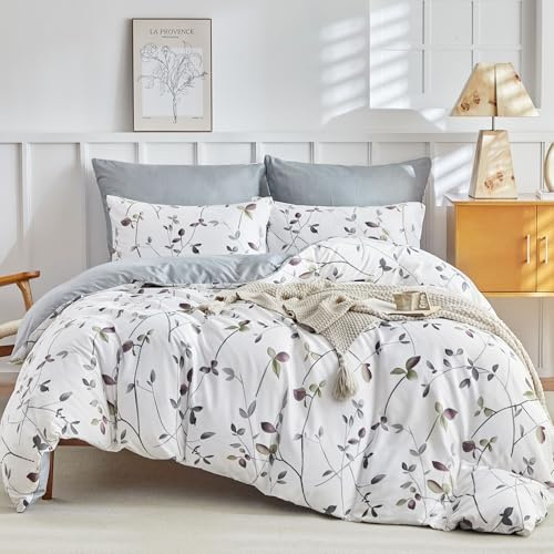 Tokokimo Juego de ropa de cama de 200 x 200 cm, 3 piezas, funda nórdica y 2 fundas de almohada con cremallera de 80 x 80 cm, diseño de ramas, blanco/gris