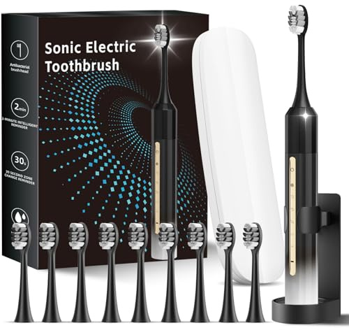 Sonic Electric Toothbrush with 10 Brush Heads for Adults and Children, Up to 90 Days on a Single Charge,5 Modes,Built-in 2-Minute Smart Timer, IPX8 Waterproof Electric Toothbrush (Black White)