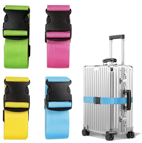 Kyrio 4 PCS Luggage Straps for Suitcases, Heavy Duty Luggage Straps, Adjustable Luggage Strap for Travel Bag Luggage（Light Blue, Fluorescent Green, Yellow, Enamel Red）