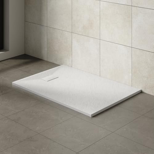 Aquariss SMC Rectangular 1200 x 900 mm Anti Slip Shower Base Tray White | Slate Effect Shower Tray, Slimline, Bathroom Wet Room Shower Cubicle Base, for Walk In Shower Door, Durable