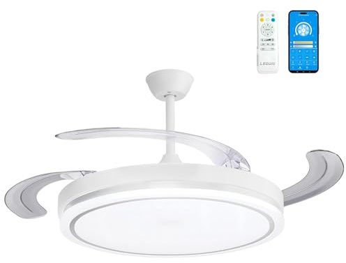 LEDUNI Ventilador de Techo LED con Aspas Plegables Control Remoto,66W, 30W Motor DC+36W Luz 2880LM 2880LM Luz Integrada, Color Blanco CCT 3000-4000-6000K (Blanco Olga)