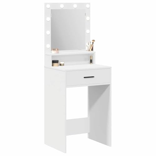 vidaXL Smyckebord med låda Vit 50 x 41 x 135 cm Konstruerat trä, Elegant rektangulär sminkspegel, modern förvaringsbyrå med LED, kompakt och funktionell i sovrummet