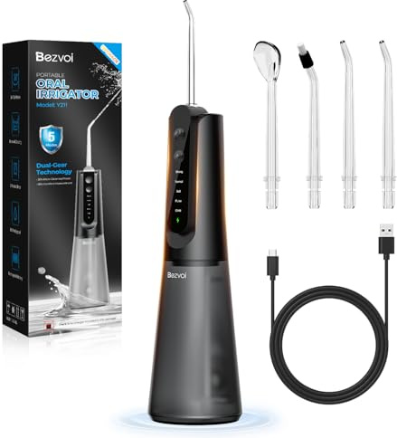 Bezvoi Cordless Water Flosser for Teeth, Portable Dental Oral Irrigator, 270ml Water Tank, 5 Modes, 4 Jet Tips, USB C Rechargeable, 40 Days Battery Life, Ideal for Braces & Gum Care, Black
