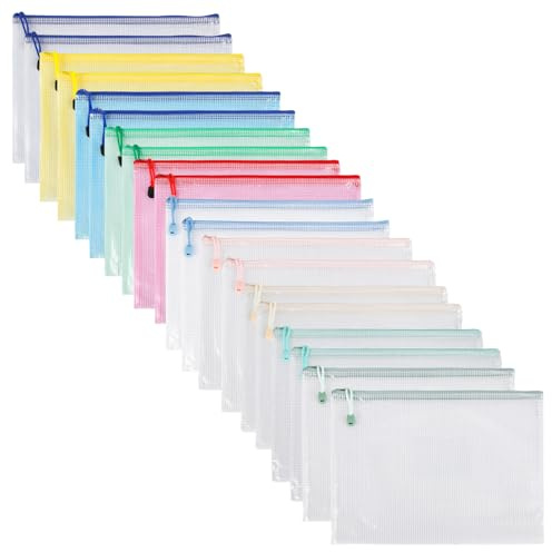 5 Colors Plastic Wallet A4 Folder File Zip Bags Zipped Extra Thick Mesh Document Zipper Bags Ziplock Bags Plastics A4 Wallets for Offices Home Travel School Supplies (20 Pcs-Style A+B)