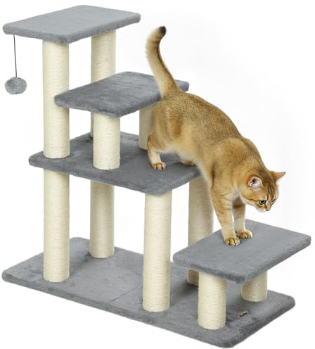 PawHut Escalera para Mascotas Ajustable de 3/4 Peldaños, Escalera para Gatos con Postes Rascadores y Bola Colgante, para Alféizares, Sofá y Cama, Gris