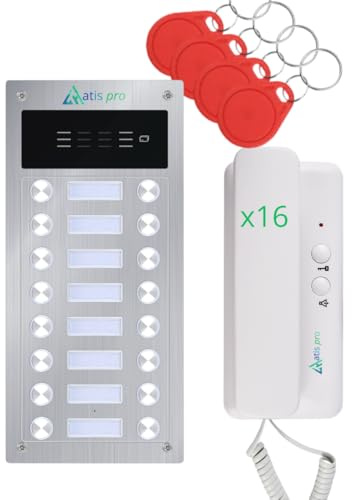 Kit de Portero Automático 2 Hilos Antivandálico con Lector RFID Completo con Telefonillos, Fuente de Alimentación | Muy Fácil de Instalar. empotrar o Superficie (16 viviendas)