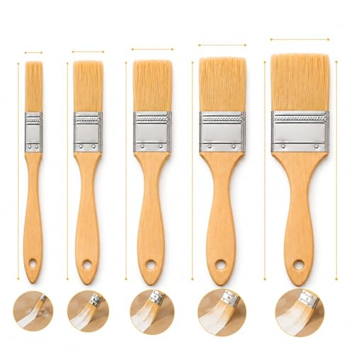 Set da 5 Pennelli Piatti con Setole Naturali – 19/30/42/53/65 mm – Manico in Legno e Ghiera Metallica – Ideali per Vernici, Smalti e Ristrutturazioni