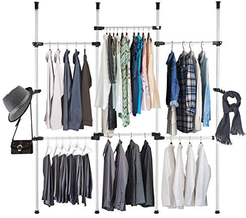 Garderobe System Teleskop, Kleiderstange Begehbarer Kleiderschrank System mit 2 breiten Haken für den Heim- und Bekleidungsgeschäft (6 Querstangen / 38mm)