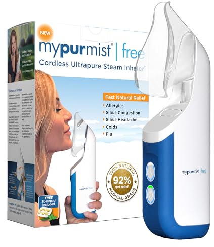 Mypurmist Free Ultrapure Cordless Steam Inhaler - Handheld Personal & Battery-Powered Steamer, Vaporizer & Humidifier for Sinus Relief, Nasal Congestion, Cold & Cough, Vocal Care
