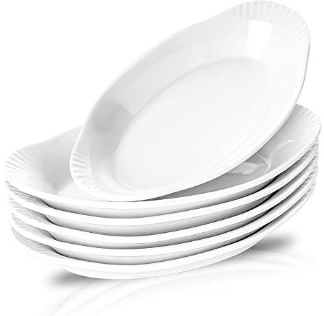NJCharms Oval Au Gratin Baking Dishes for Oven Safe and Microwave Cooking, White Porcelain Small Mini Casserole Dish, 9 Inch, Set of 6