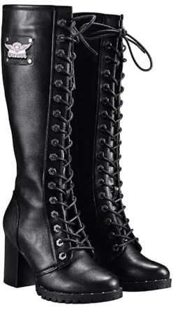 Dream Apparel Women's Faux Leather Lace Up Knee High Boots, Black Motorcycle Riding Boots with Chunky Heel, Sexy Biker Boots with Side Zipper (Size 10)