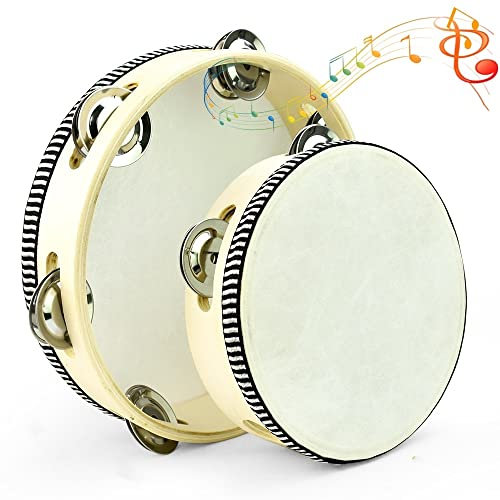 RECHCIGA 2 PCS Handheld Tambourine 6 Inch and 8 Inch Single Row Hand Drum Wooden Headed Tambourine Hand Held Tambourine Drum with Jingle Bells for Dance Party Games Church Beech Singing Accompaniment