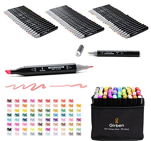 Girben Set Plus Pennarelli ad Alcool 80 Colori – Marker Professionali Doppia Punta Brush & Scalpello, Disegno, Manga, Illustrazione, Bullet Journal – Set Regalo Premium per Artisti