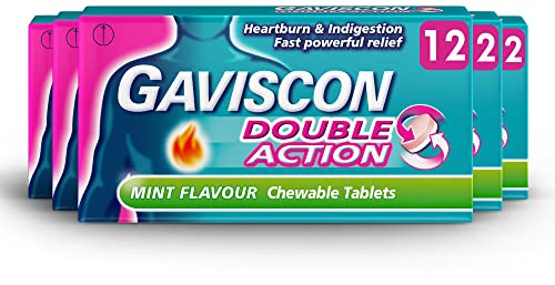 Gaviscon Double Action Mint Chewable Tablets for Heartburn & Indigestion Relief, 5 Packs of 12 (Total 60) - Fast-Acting, Soothing Formula, Convenient Travel Size
