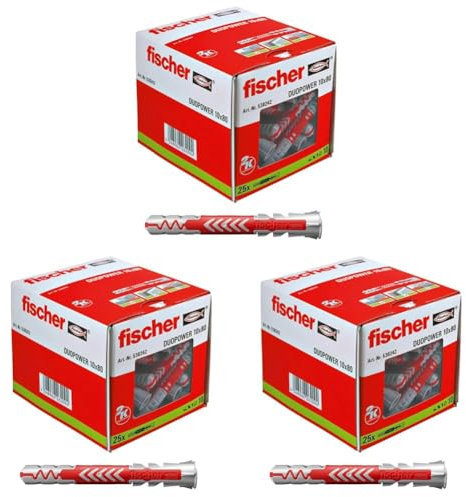 fischer DUOPOWER 10 x 80, Grau, Universaldübel, leistungsstarker 2-Komponenten-Dübel, Kunststoffdübel zur Befestigung in Beton, Ziegeln, Stein UVM., ohne Schrauben, Silber, Rot, 25 Stück