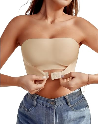 Varsbaby Soutien-Gorge Bandeau Femme sans Bretelles, Anti-dérapant Silicone, Brassière Tube Élastique sans Rembourrage(D452-Beige-M