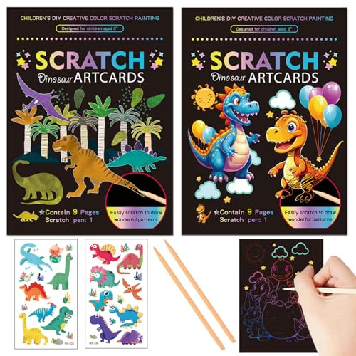 Georgie Porgy Scratch Art kit pour Enfants Magic Rainbow Papier à gratter Carnet de Pâques Cadeau d'anniversaire pour garçons et Filles (Dinosaures Set 2 pièces)