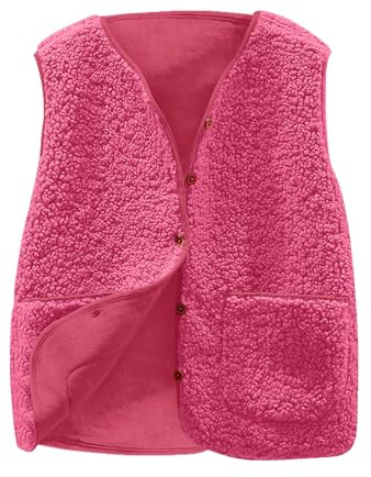 Oyuchga Gilet polaire court en polaire pour femme - Élégant - Couleur unie - Sans manches - Veste d'hiver chaude en polaire avec boutons - Col en V - Veste en peluche, B rose., 5XL