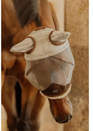 Fliegenmaske Pferd Full mit Ohren – Hautfreundliches Kunstlammfell, Full, UV-blockendes atmungsaktives Mesh, Verstellbarer Sitz, Waschbar & Langlebig, Silber