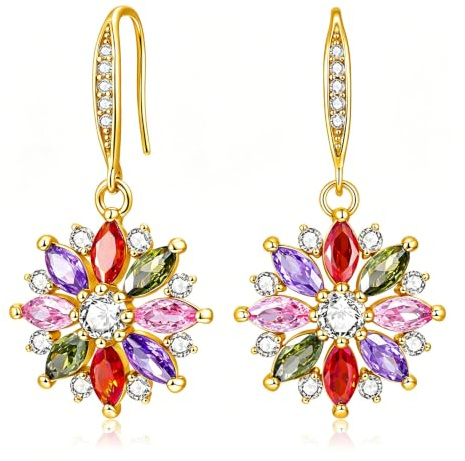VONSSY Collier pendentif flocon de neige coloré Boucles d'oreilles clous Plaqué or rose/blanc Cristal Chaîne de pull Multi-pierres Grenat Améthyste Morganite Péridot Strass