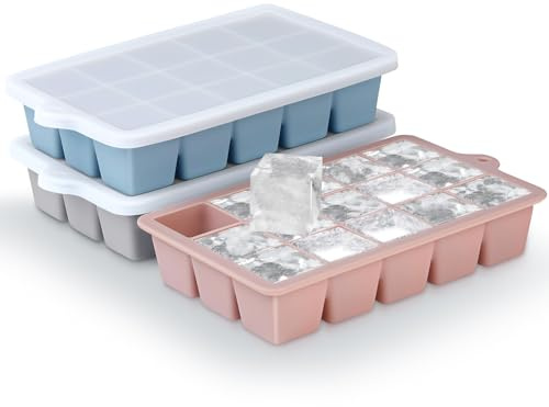 Silicone Ice Cube Trays 3Packs, Easy Release Ice Cube Molds with Lid, Freezer Stackable Ice Maker for Whiskey, Baby Food, BPA Free (Blue+Grey+Pink)