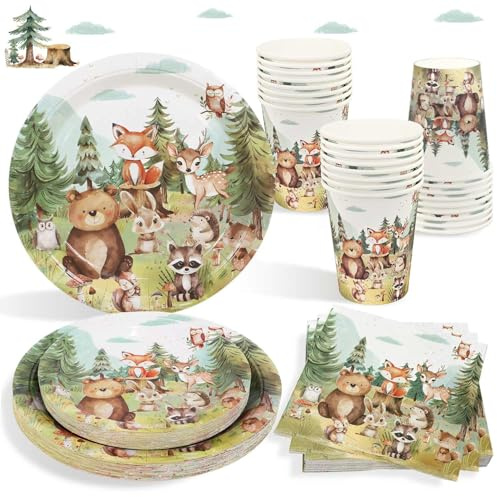 Heboland Set Stoviglie Compleanno Animali Bosco, 100 Pezzi | per 25 Ospiti, Tovaglioli Piatti e Bicchieri per Feste di Compleanno Foresta, Decorazioni Primo Compleanno Bimbo, Baby Shower