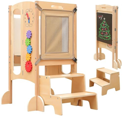 SOFTHOM Torre Montessori per bambini, Multifunzionale 5 in 1 Torre di Apprendimento per Bambini con Tavola da Disegno, Pre-assemblaggio, Torre di apprendimento in legno regolabile in altezza,Natura