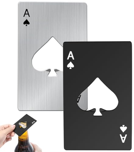 DIFLAX 2 Pezzi Set Apribottiglie Multifunzione: Portafoglio, Piatto Birra in Acciaio Inox e Design Asso di Picche con Carte da Poker - Finiture Argento/Nero