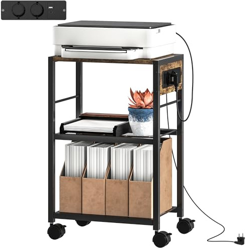 HOMCOM Druckerständer Druckertisch mit 3 Ebenen Steckdosen Rollen Schreibtisch Organizer für Drucker aus Stahl Druckerhalter Druckerwagen für Büro Office Fax Scanner 42 x 28 x 64,5 cm Rustikalbraun