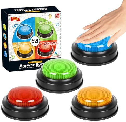 Hojalis Cicalini per Giochi a Quiz, 4 Pezzi Cicalini Di Risposta, Buzzer Con Suono E Luce, Answer Buzzers per L'insegnamento, Divertente Pulsante Parlante per Attività in Classe, Giochi in Famiglia