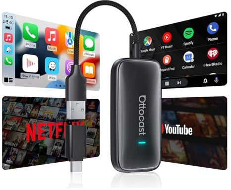 2026 Mejorado OTTOCAST Play2Video Ultra Inalámbrico Adaptador CarPlay y Android Auto, Caja AI para Vehículos con CarPlay Cableado de Fábrica, Streaming de Video Integrado, WiFi 6, BT 5.4, 4GB+32GB