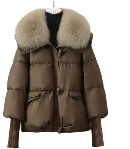 Chaqueta de invierno cálida e informal para mujer con plumón de algodón, cuello de pelo grande y cuello de solapa, abrigo corto grueso de pan (M marrón)