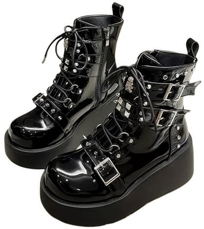 Jemnpela Botas de Plataforma para Mujer Tacón Grueso Estilo Gótico Punk Tobilleras con Cordones y Cremallera Suela de Cuña Zapatos para Halloween Cosplay Citas y Eventos