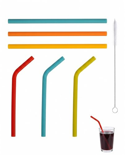 UEAVOID Pajitas Reutilizables de Silicona - 6 Unidades (3 Rectas y 3 Curvas) + 1 Cepillo. Ecológicas, Sin BPA, Suaves, Aptas para Niños y Adultos. Perfectas para Batidos, Jugos y Café.