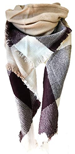 Wander Agio Womens Warm Scarf Triangle Shawls Large Scarves Stripe Plaid Fichu Big Beige Khaki 22