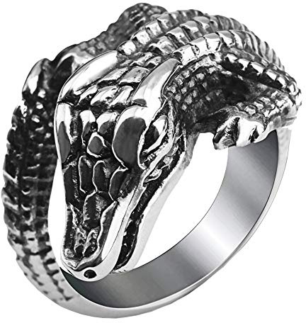 PAURO Herren Silber Schwarz Retro Hip Hop Herrschsüchtig Krokodil Biker Ring Edelstahl Größe 60 (19.1)