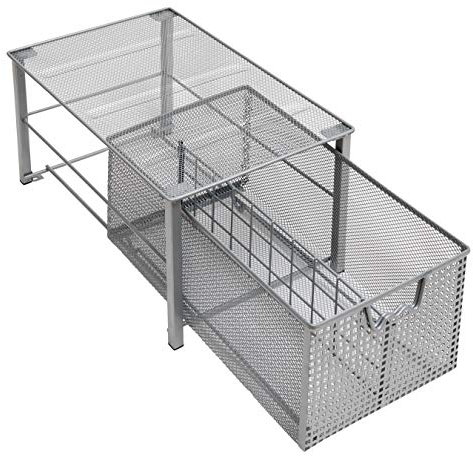 Amtido Mesh Cupboard Basket Organisers - Metal Storage Drawer - Sliding Rack with Dividers for Spice, Pantry Supplies - Kitchen, Bathroom, Undersink, Garage Shelving (Silver, Large)