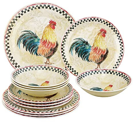 UP ware Juego de vajilla de melamina de 12 piezas, incluye platos de cena, platos de ensalada, cuencos, servicio para 4