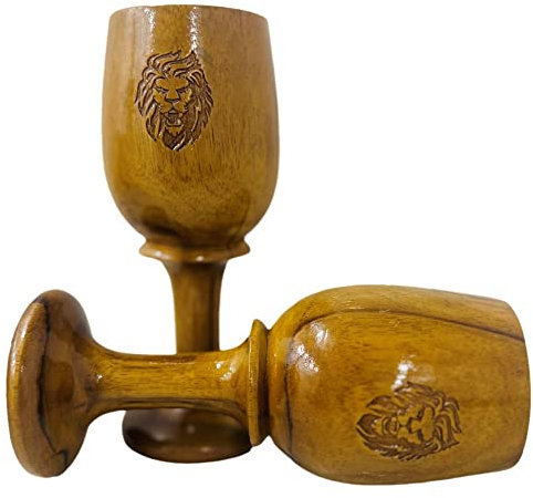 Vintage Wooden Lion Head Goblet Set of 2 Teak Medieval-Inspired Chalices Rustic Drinkware for Wine, Whiskey, Ale Unique Kitchen, Bar, or Man Cave Decor