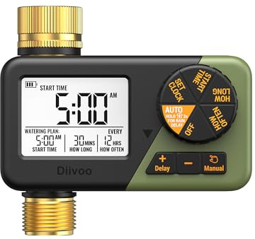 Diivoo Water Sprinkler Timer with Brass Inlet & Outlet, Irrigation Hose Timer with Weekly and Daily Frequency Irrigation, Rain Delay and Manual Watering for Lawns and Gardens