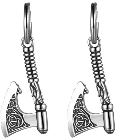 JewelryWe Wikinger Ohrringe Herren Axt: Edelstahl Creolen Ohrstecker Mjölnir Ohrhänger mit Keltischen Knoten Amulett Wikinger Axt Anhänger Hängende Ohrringe für Mann Freund Silber