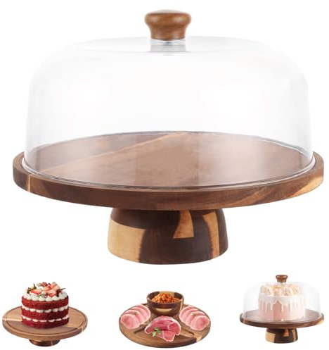 YAYODS 30cm Tortenplatte mit Fuß - Tortenständer Holz mit Tortenglocke Acryl - Kuchenplatte Rund mit Deckel für Hochzeit, Geburtstagsfeier, Hochzeitstag, Babyparty, Weihnachten Dekoration
