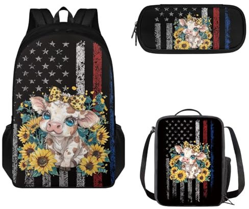 Tomeusey Ensemble cartable 3 en 1 pour enfants, filles, garçons, grande capacité, double fermeture éclair, sac à dos de voyage, sac à déjeuner isotherme, trousse à crayons, Drapeau Américain Cochon