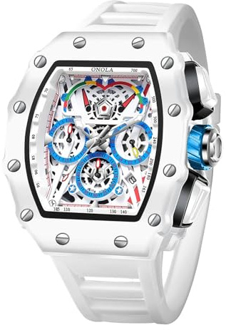 FORSINING Reloj para hombre, rectangular, grande, reloj de pulsera de cuarzo, correa de silicona, cronógrafo, impermeable, para hombre, Blanco