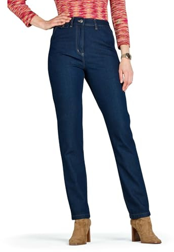 Amber Ladies Smart Stretch Jeans with Slant Pockets, Button Tab Detail, Elasticated Waist (Size 10-20, Leg 25 or 27) Indigo 18 Short
